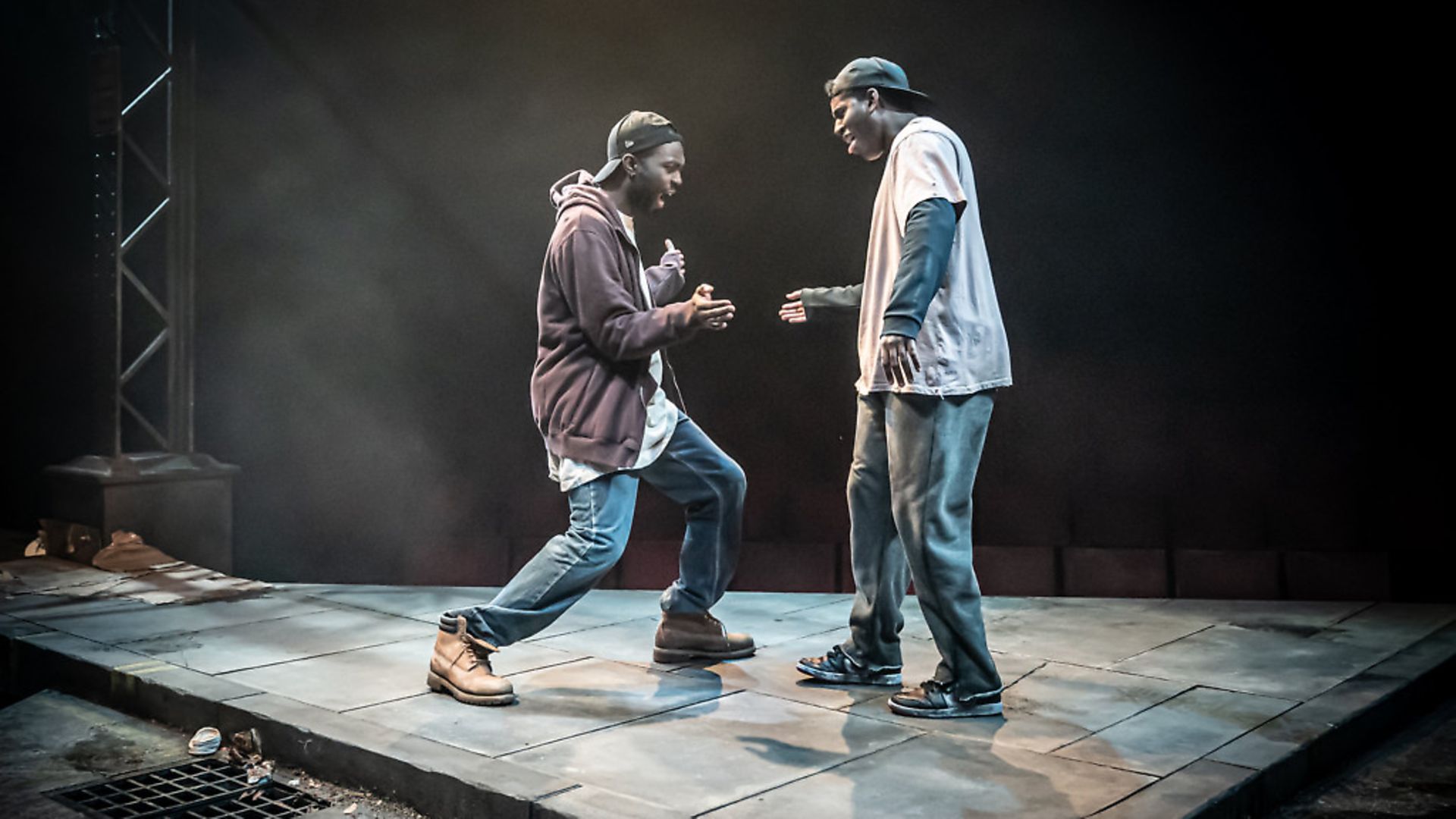 Moses (Paapa Essiedu) and Kitch (Gershwyn Eustache Jr) in Pass Over at Kiln Theatre in London. Picture: Marc Brenner - Credit: Archant