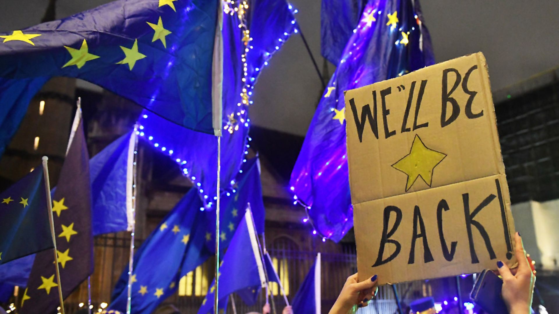 Pro-EU campaigners outside the Houses of Parliament ahead of Brexit day. Photograph: Dominic Lipinski/PA. - Credit: PA Wire/PA Images