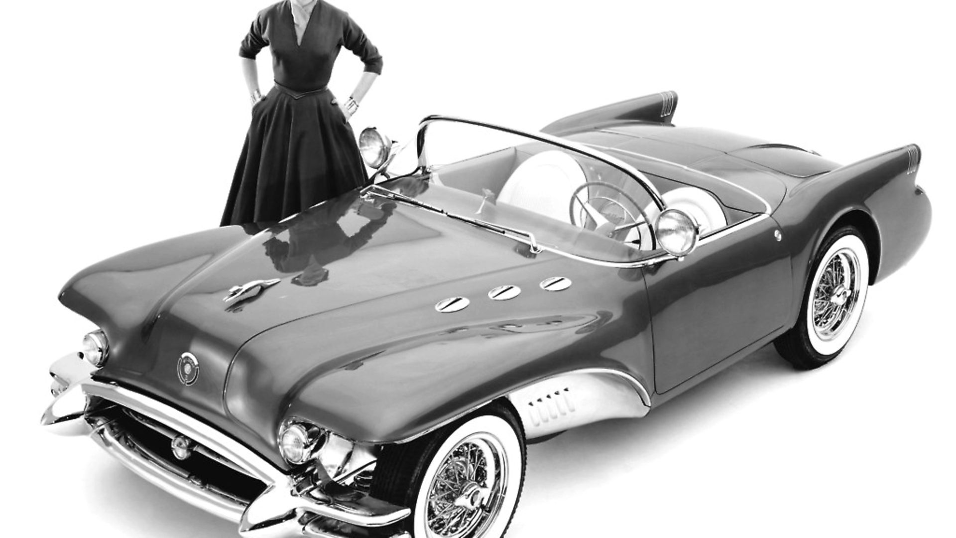 A model with the Buick Wildcat II concept car designed by Harley Earl, Detroit, Michigan, 1954. Photo by Underwood Archives/Getty Images - Credit: Getty Images