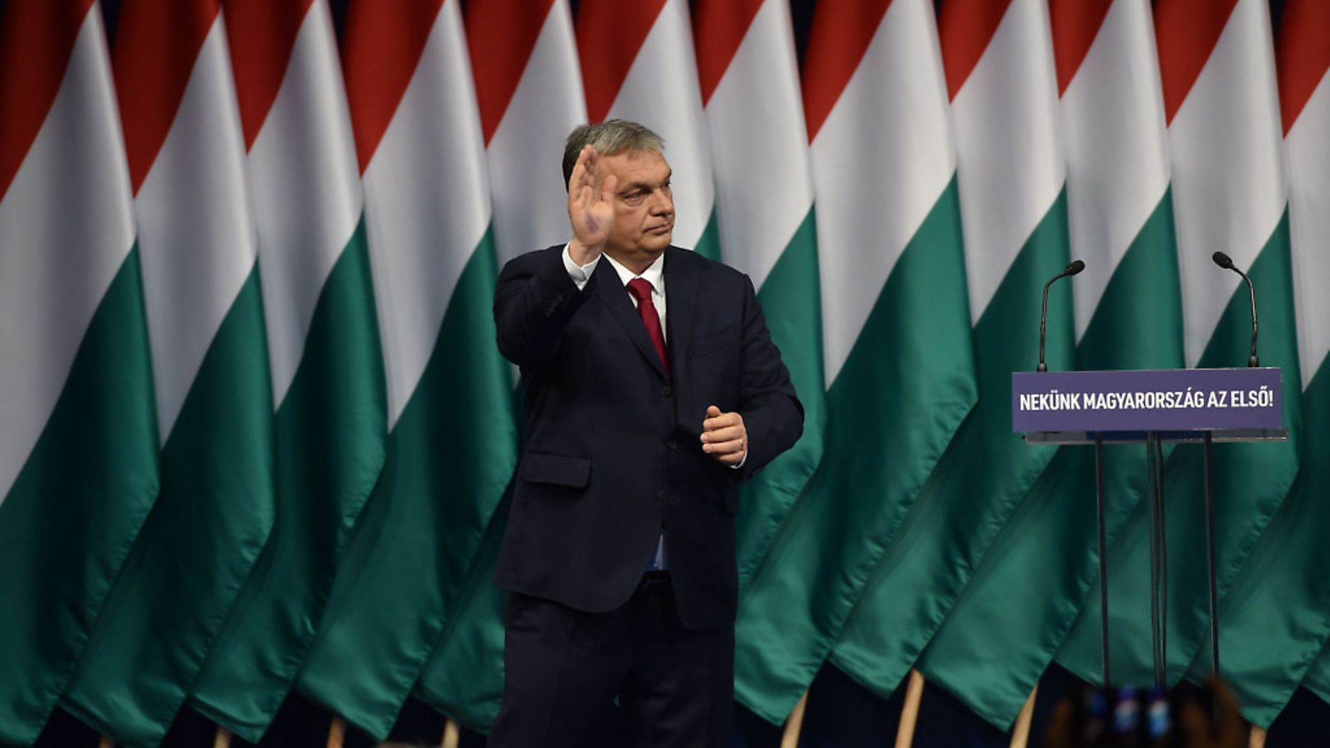 Hungarian Prime Minister Viktor Orban waves after his annual state of the nation speech. Picture: ATTILA KISBENEDEK/AFP via Getty Images - Credit: AFP via Getty Images