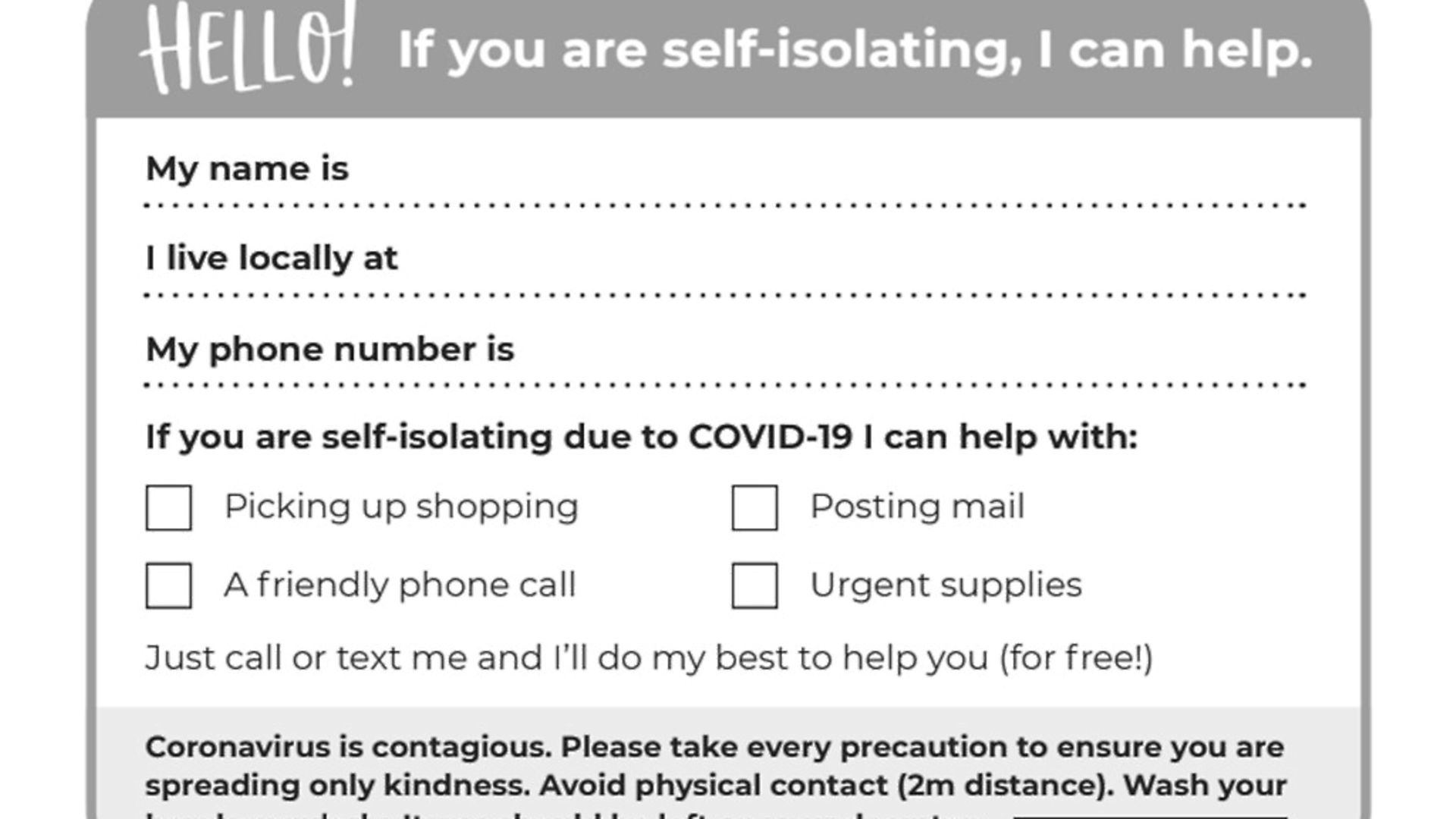 A picture of the postcard that has gone viral, helping people to help others during the coronavirus pandemic. Image: Becky Wass/PA Wire. - Credit: PA