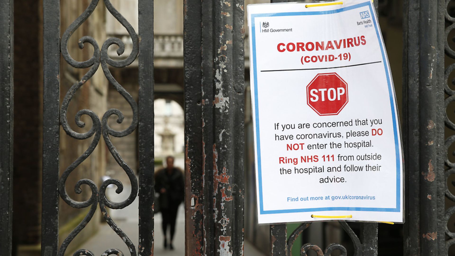 A sign on a gate at St Bartholomew's Hospital, London. Photograph: Hollie Adams/PA Wire. - Credit: PA