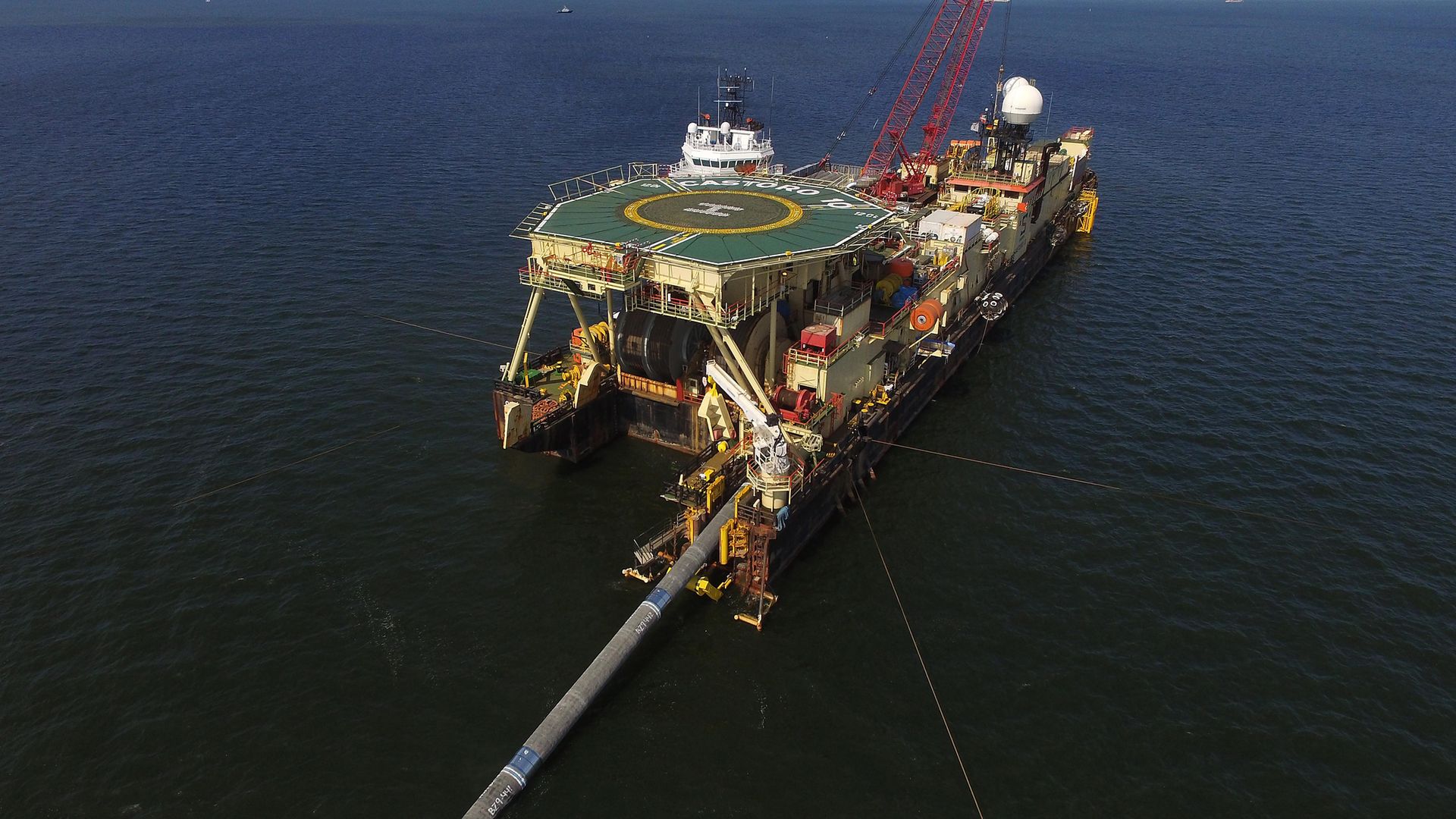 The Castoro 10 pipelaying vessel lays concrete-coated pipe for the Nord Stream 2 gas pipeline onto the seabed of the Baltic Sea, near Lubmin, Germany, in 2018 - Credit: Getty Images