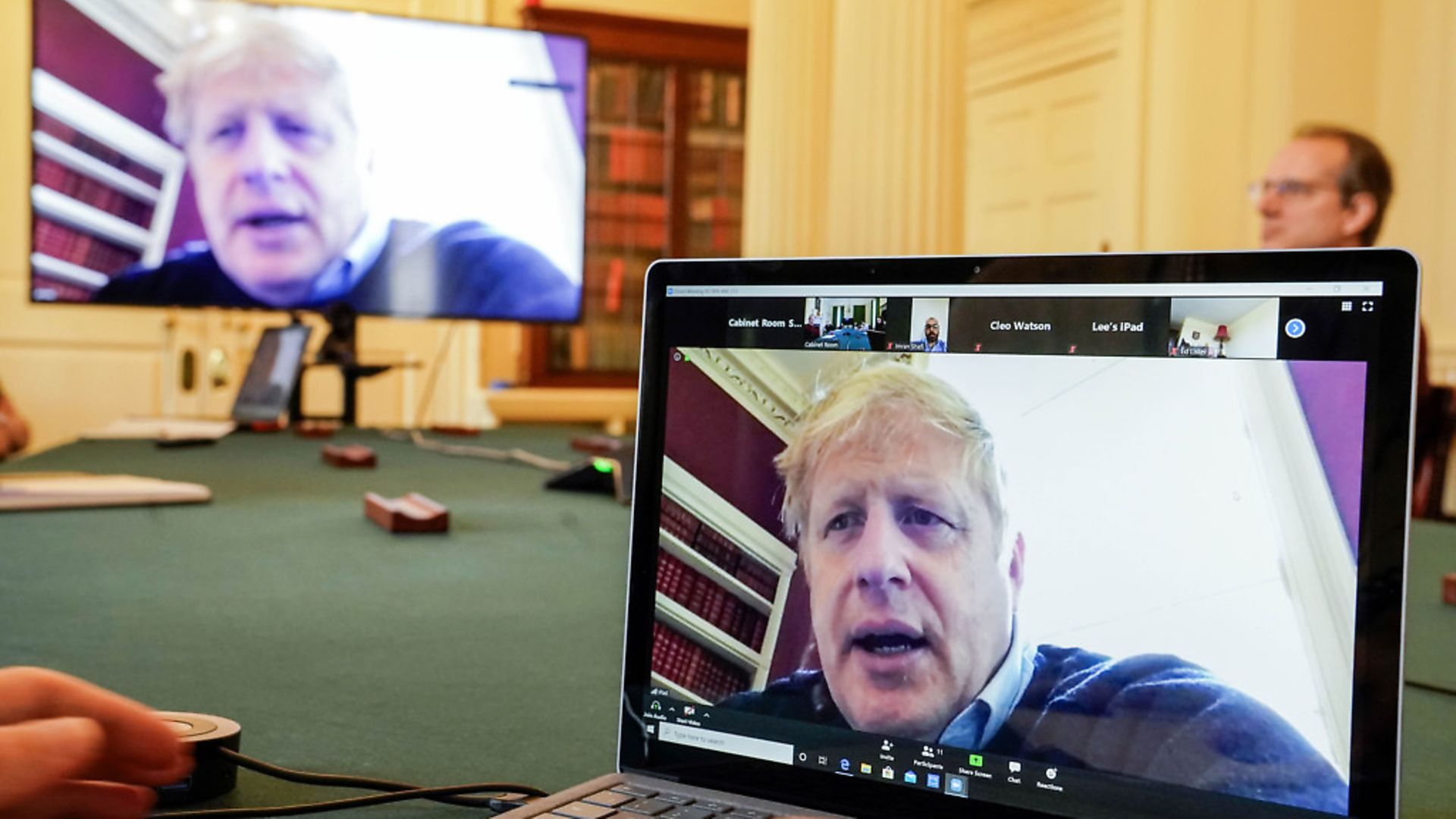 Prime Minister Boris Johnson chairing the morning Covid-19 Meeting in 10 Downing Street from 11 Downing Street, after self isolating after testing positive for the Coronavirus. Photograph: Pippa Fowles/Crown Copyright/10 Downing Street. - Credit: PA