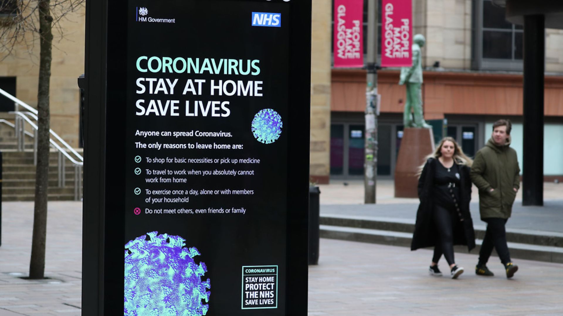 Coronavirus warnings on signs in Glasgow as the UK continues in lockdown to help curb the spread of the coronavirus. Photograph: Andrew Milligan/PA Wire. - Credit: PA