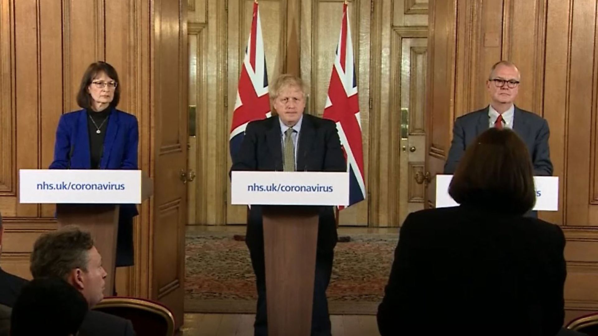 Dr Jenny Harries, Prime Minister Boris Johnson and Chief Scientific Adviser Sir Patrick Vallance, speaking at a media briefing in Downing Street on coronavirus. Photograph: PA Video. - Credit: PA