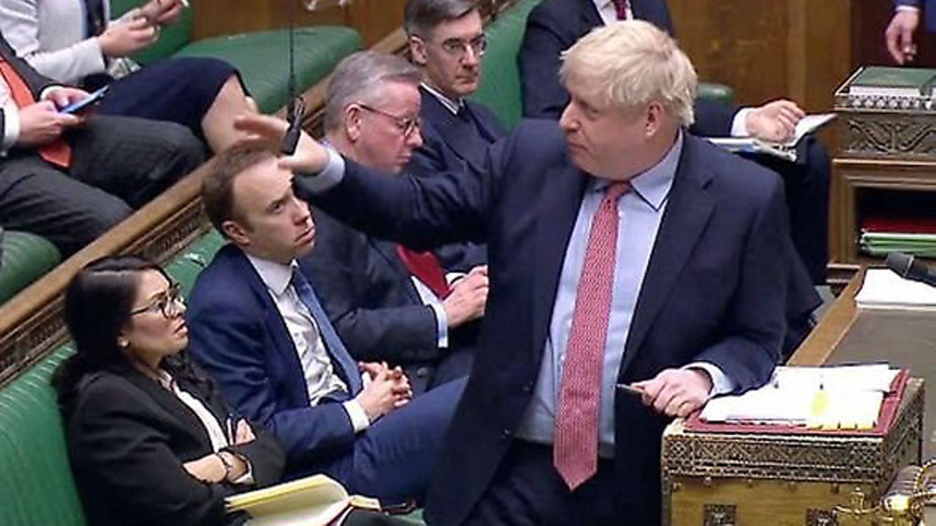 Boris Johnson at the latest PMQs in the House of Commons with Priti Patel, Matt Hancock and Michael Gove Photograph: Parliament TV. - Credit: Archant