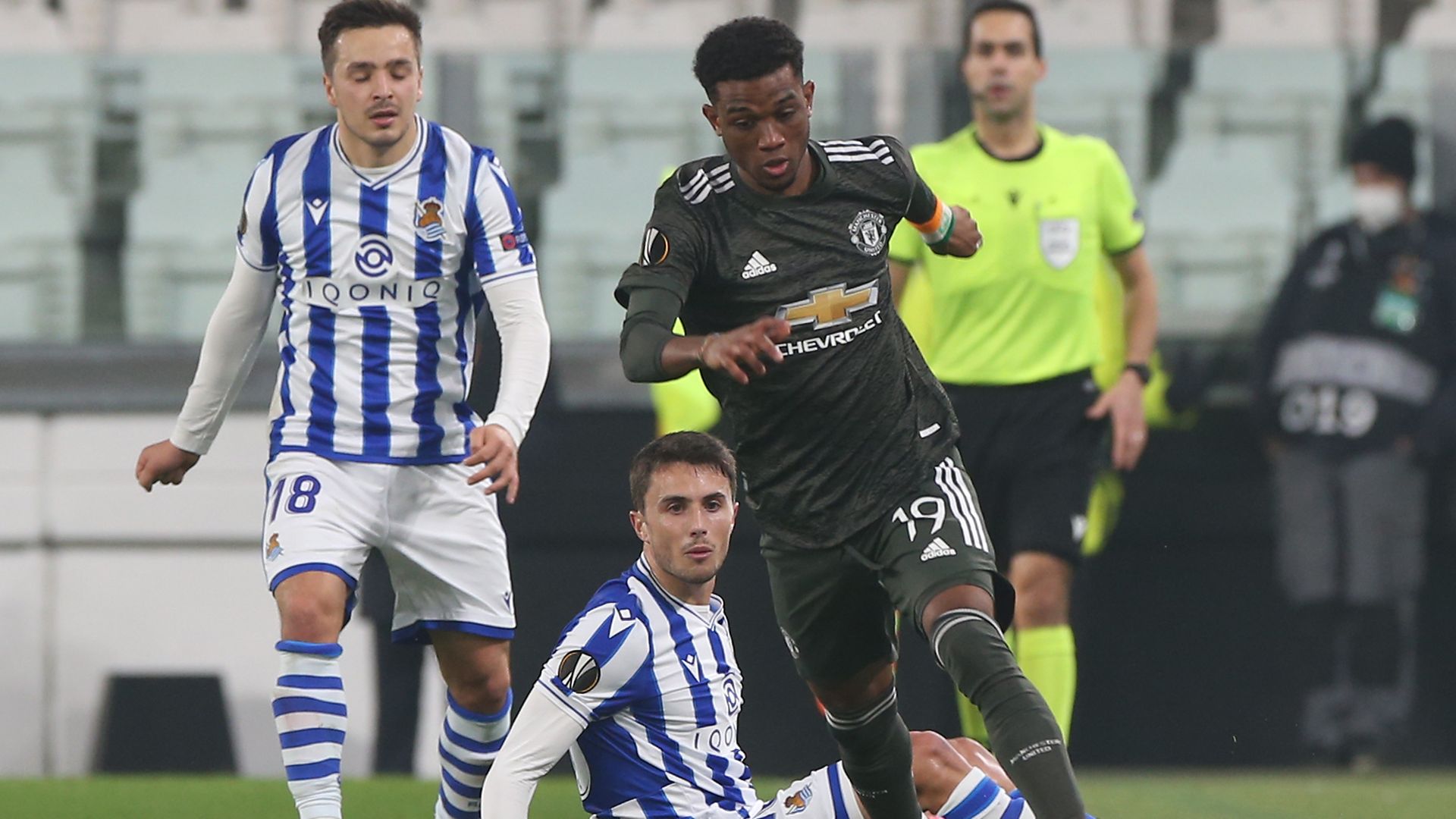 Amad Diallo, of Manchester United, evades two Real Sociedad players during the sides' recent Europa League clash. The English team won 4-0 - Credit: Manchester United via Getty Imag