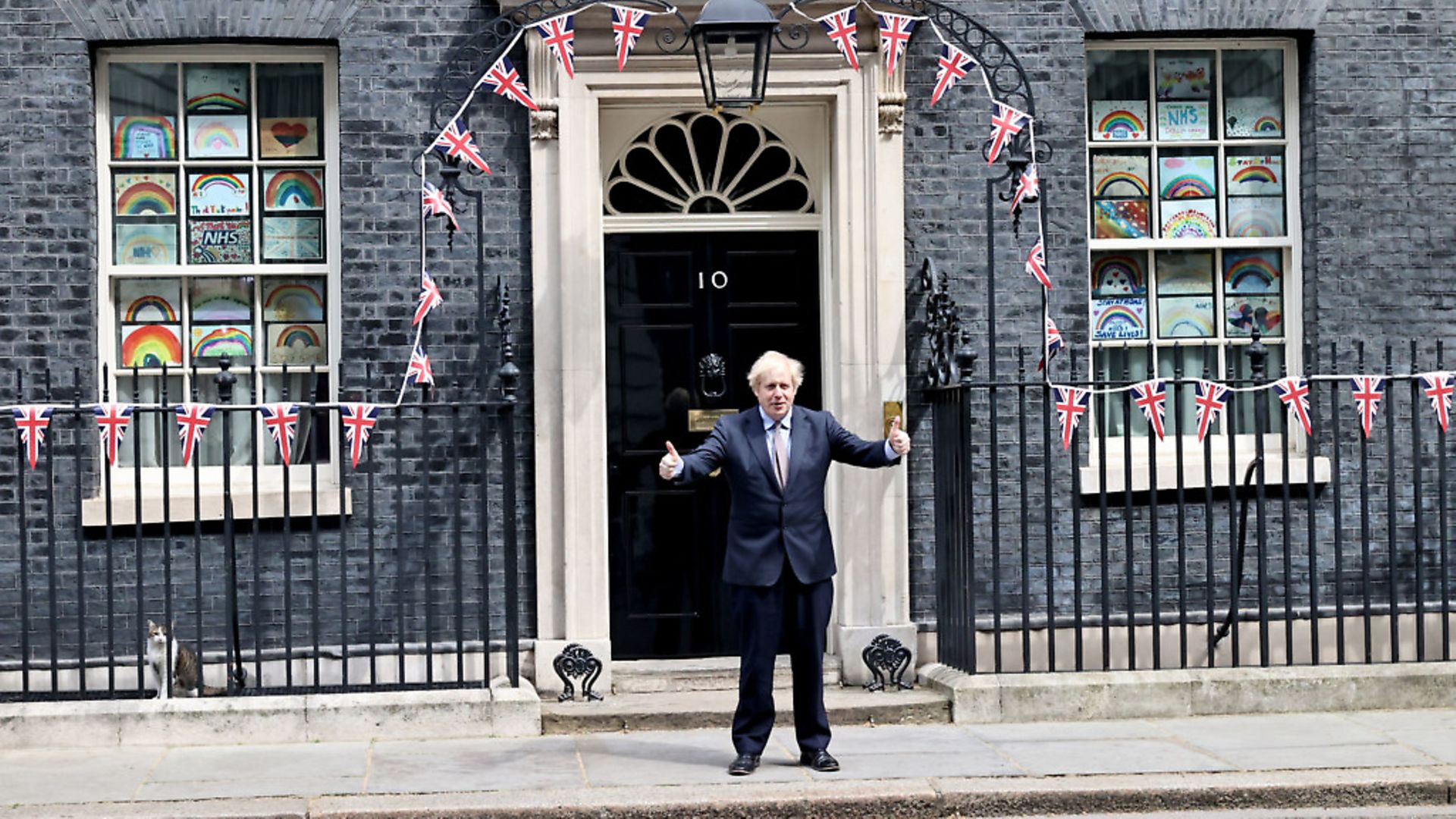 Prime Minister Boris Johnson outside Downing Street in London, to mark the 75th anniversary of VE Day. Photograph: Jon Bond/The Sun/PA Wire. - Credit: PA