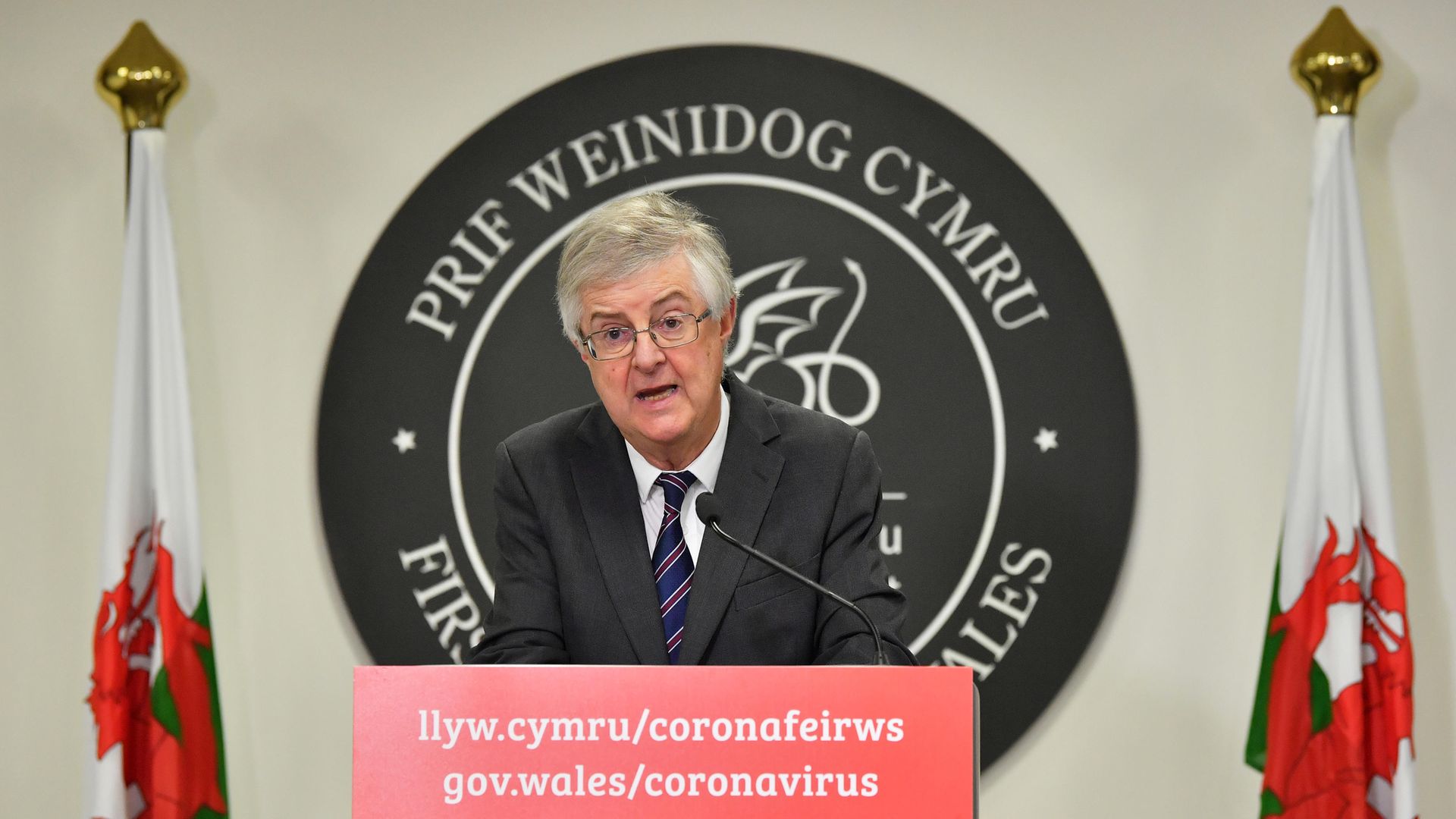 First minister Mark Drakeford speaking at a Covid press conference in Cardiff, Wales - Credit: PA