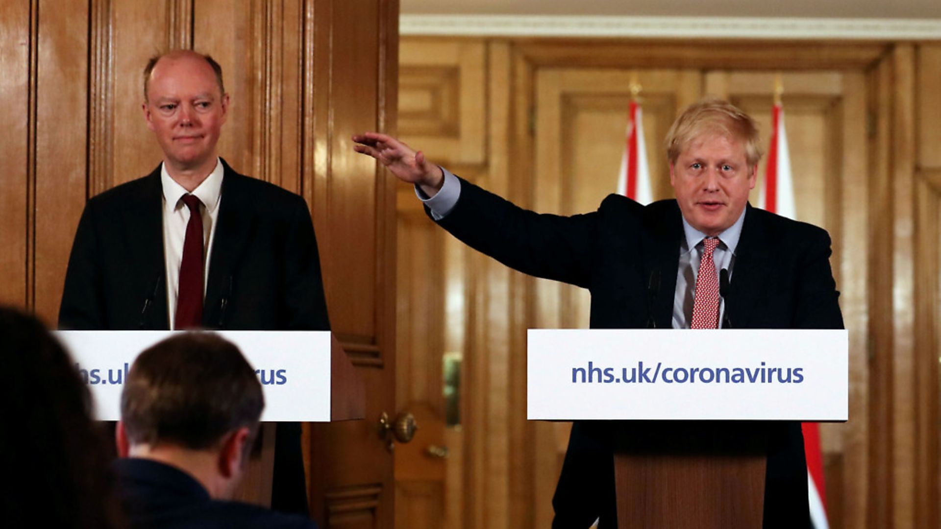 Chief medical officer for England Chris Whitty (left) alongside prime minister Boris Johnson and chief scientific advisor Sir Patrick Vallance (right_ during a press conference.  Picture: Simon Dawson/PA Wire - Credit: PA