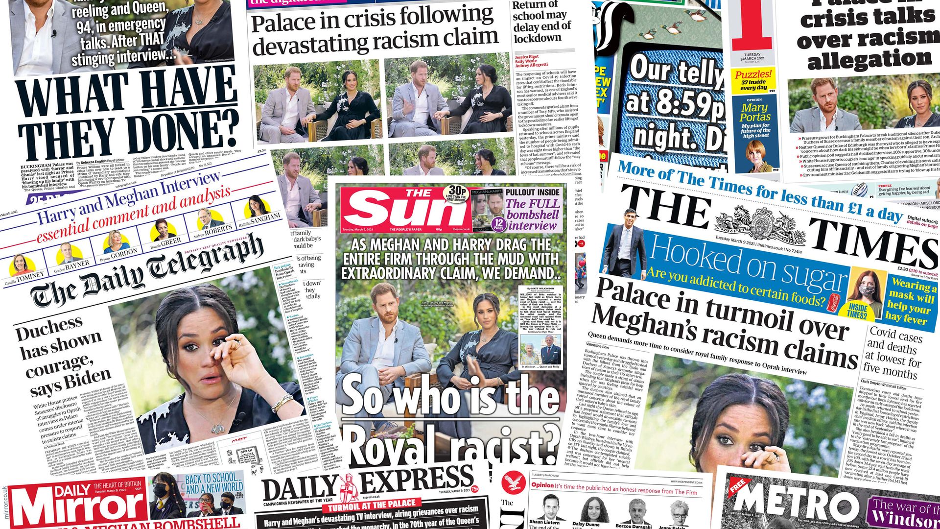 Front pages of UK national newspapers showing the reaction to the interview of the Duke and Duchess of Sussex with Oprah Winfrey. - Credit: PA