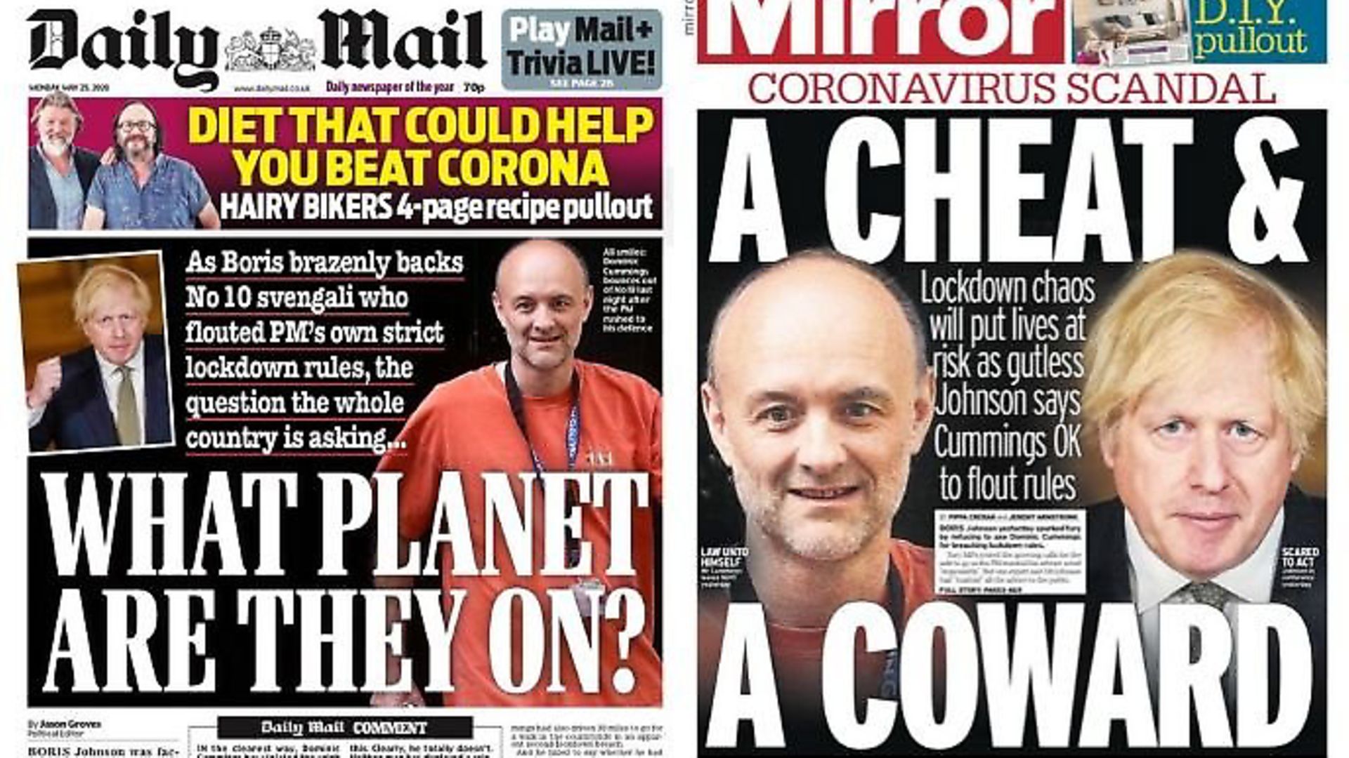 Front pages of the Daily Mail and Daily Mirror both criticise Boris Johnson over his defence of Dominic Cummings. Photograph: TNE/Twitter - Credit: Archant