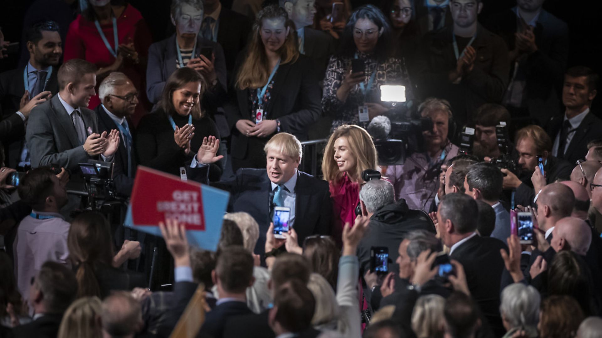 Prime Minister Boris Johnson and Carrie Symonds at the Conservative Party Conference. Photograph: Danny Lawson/PA. - Credit: PA