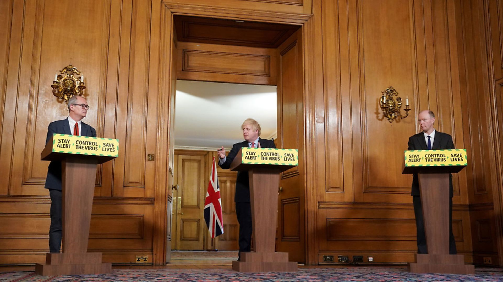 Chief Scientific Adviser Sir Patrick Vallance,  Prime Minister Boris Johnson and Chief Medical Officer Professor Chris Whitty during a media briefing in Downing Street. Photograph: Pippa Fowles/10 Downing Street/Crown Copyright/PA Wire

. - Credit: PA