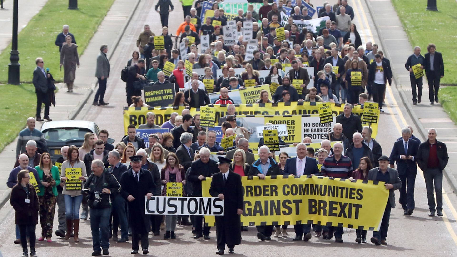 An archive photograph of anti-Brexit group "Border communities against Brexit"  outside Stormont in Belfast   (Photograph: PAUL FAITH/AFP/Getty Images) - Credit: AFP/Getty Images