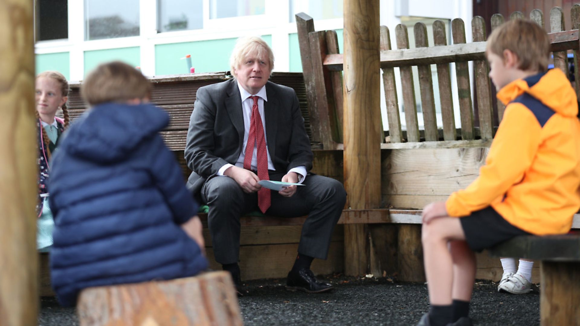 Prime Minister Boris Johnson joins a socially distanced lesson during a visit to Bovingdon Primary School. Photograph: Steve Parsons/PA Wire. - Credit: PA