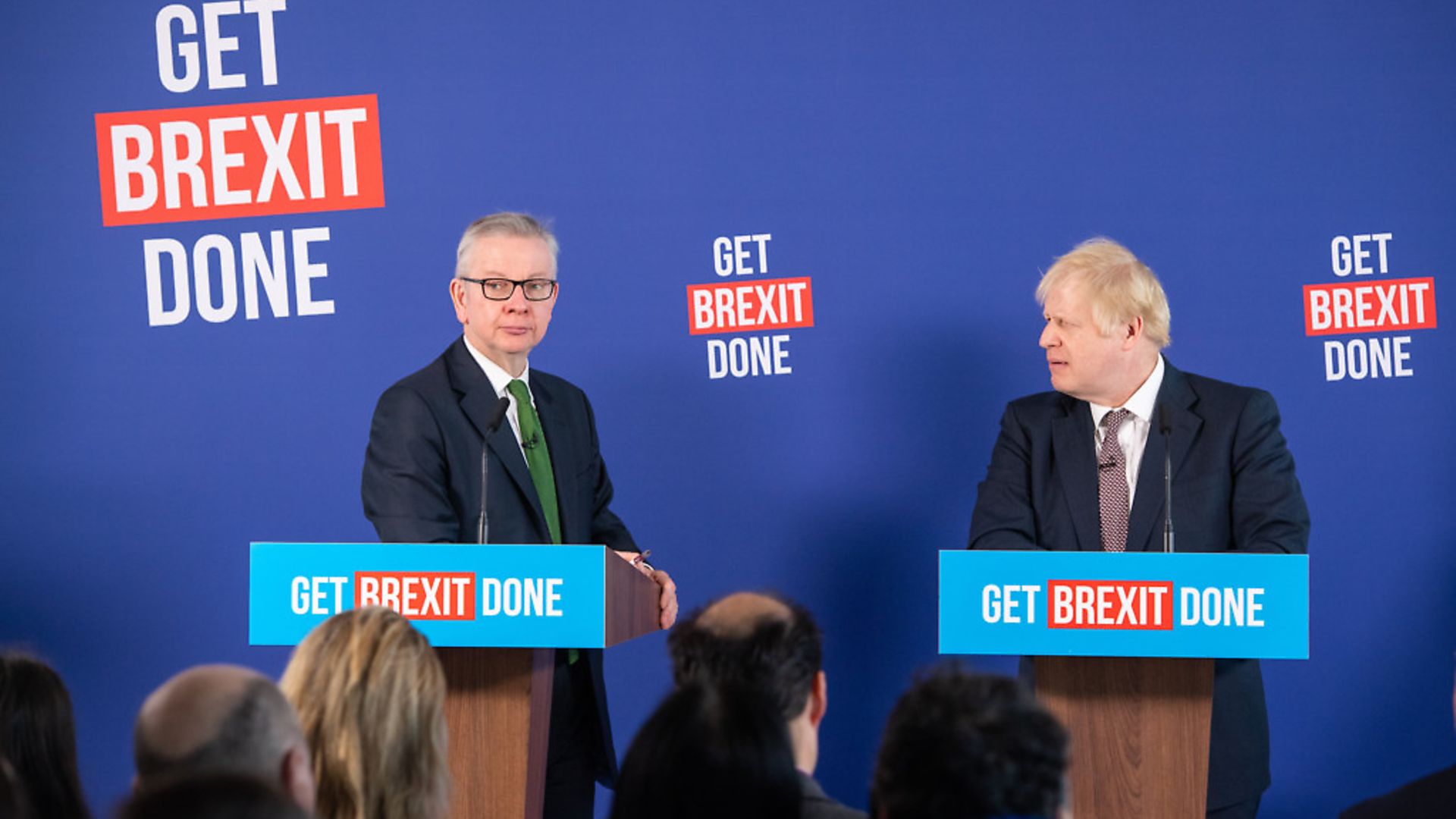Prime Minister Boris Johnson and Chancellor of the Duchy of Lancaster, Michael Gove (left) speaking at a press conference in Millbank Tower. Photograph: Dominic Lipinski/PA. - Credit: PA