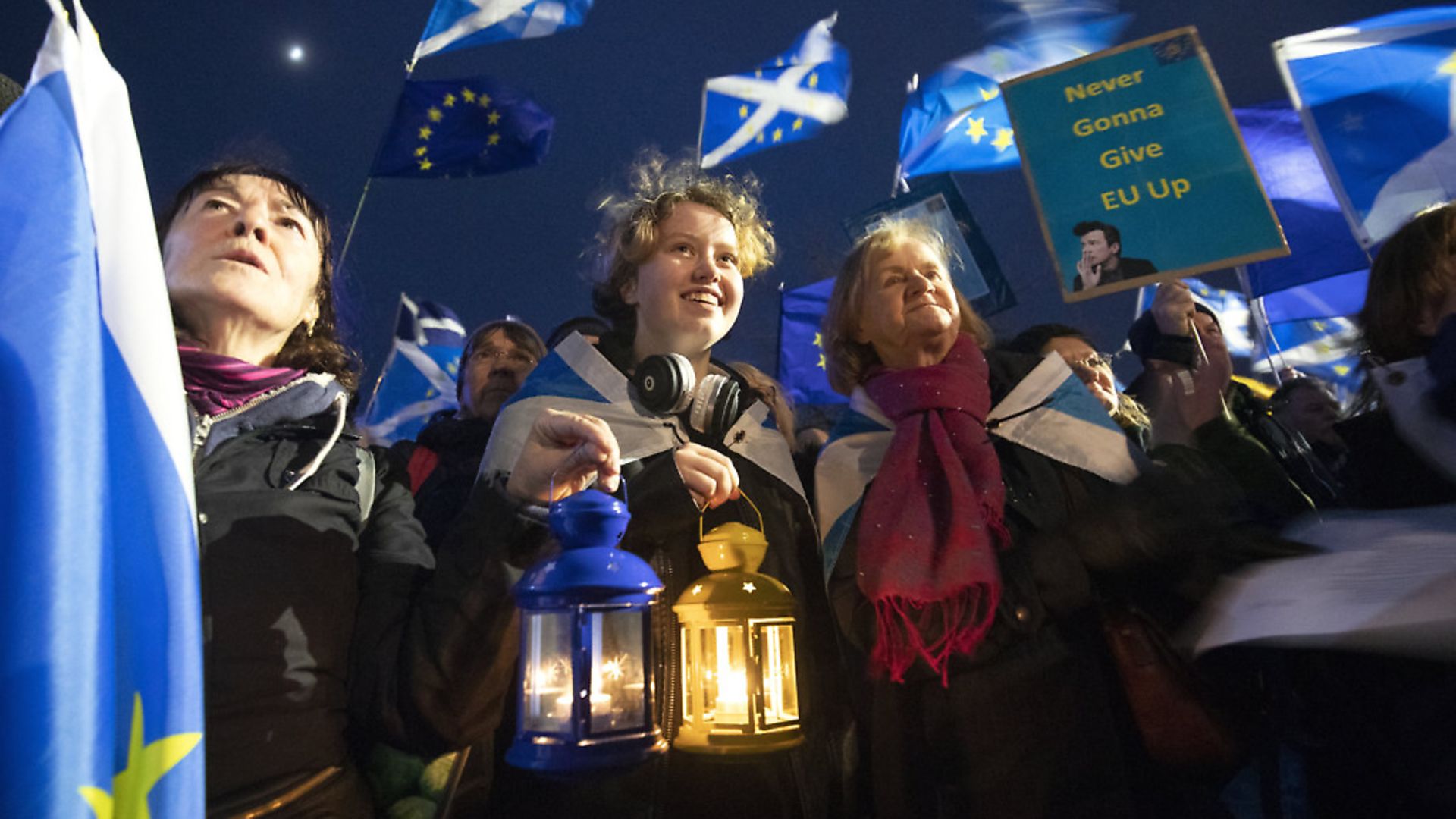 Pro-EU campaigners take part in a 'Missing EU Already' rally outside the Scottish Parliament. Photograph: Jane Barlow/PA. - Credit: PA