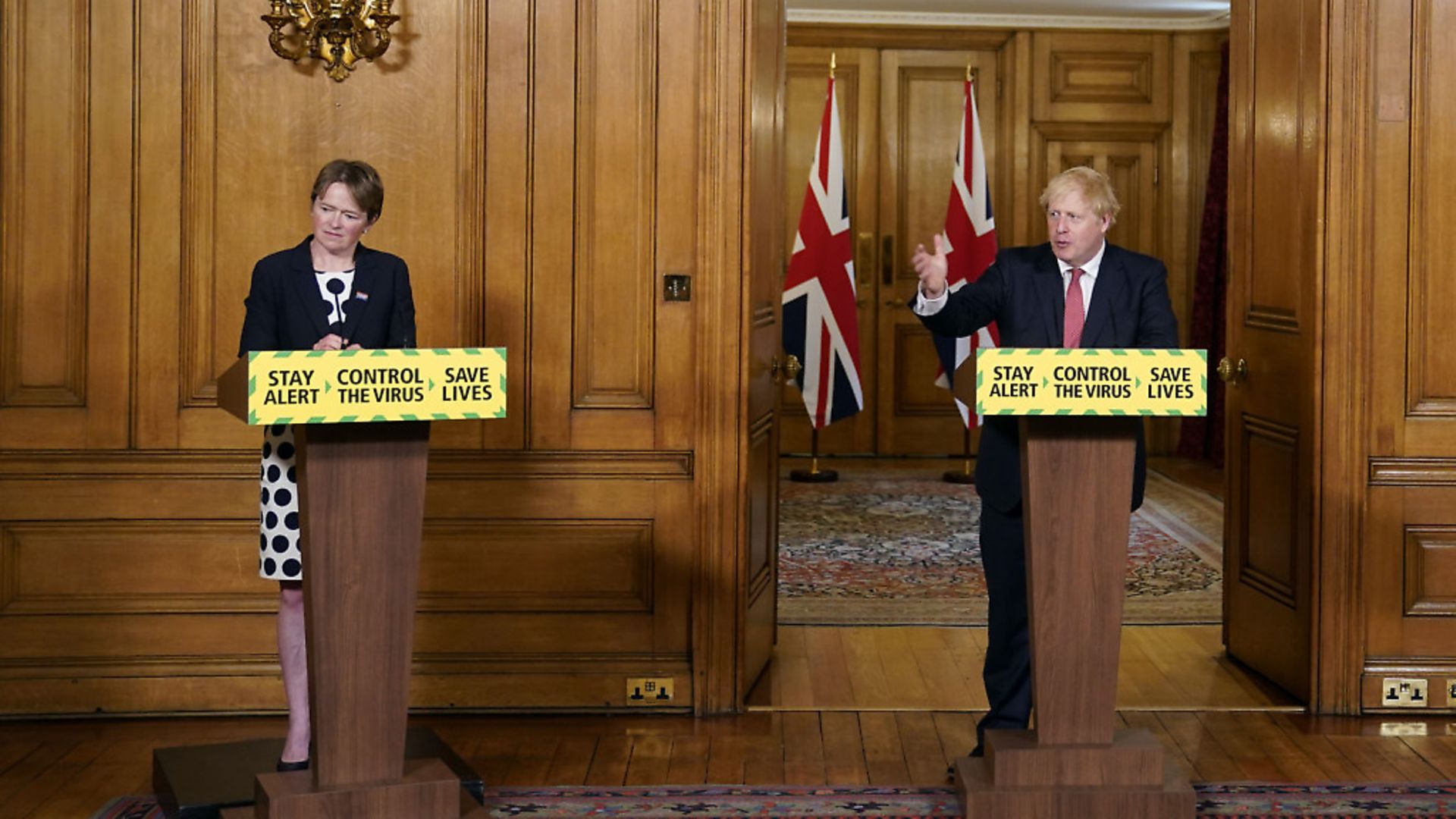 Baroness Dido Harding,  executive chairwoman of NHS Test and Trace and Prime Minister Boris Johnson, during a media briefing in Downing Street, London, on coronavirus. Photograph: Andrew Parsons/10 Downing Street/Crown Copyright/PA Wire. - Credit: PA