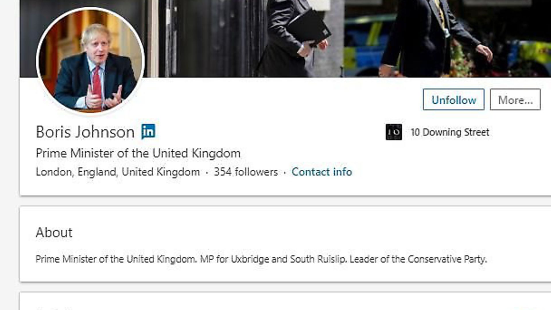 Boris Johnson's LinkedIn page, which was launched today, as he has joined the social network a week after denying rumours he would soon be leaving Downing Street. Photograph: LinkedIn. - Credit: PA