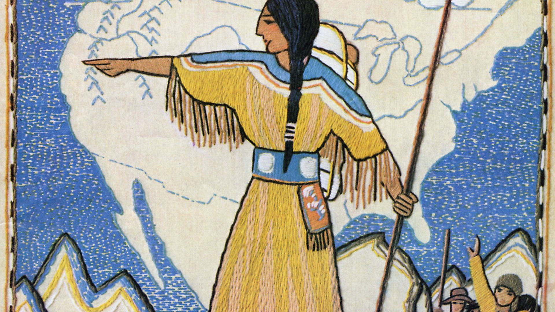 Vintage illustration of Sacajawea on the Lewis and Clark Trail, from the 1804 expedition; screen print, 1933. After a needlepoint design. (Photo by GraphicaArtis/Getty Images) - Credit: Getty Images