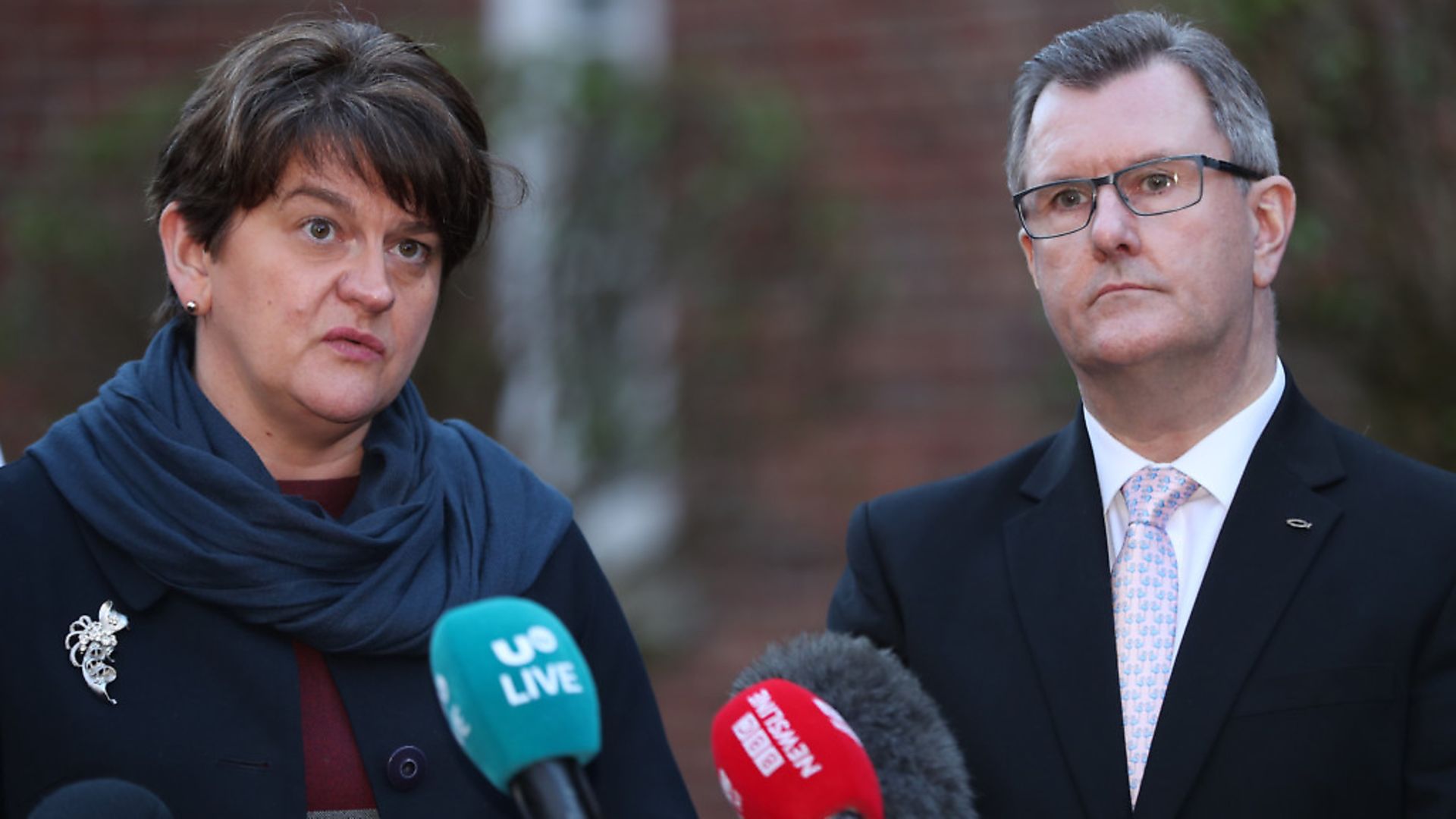 The DUP's Arlene Foster and Jeffery Donaldson speaking to the media. Photograph: Niall Carson/PA. - Credit: PA