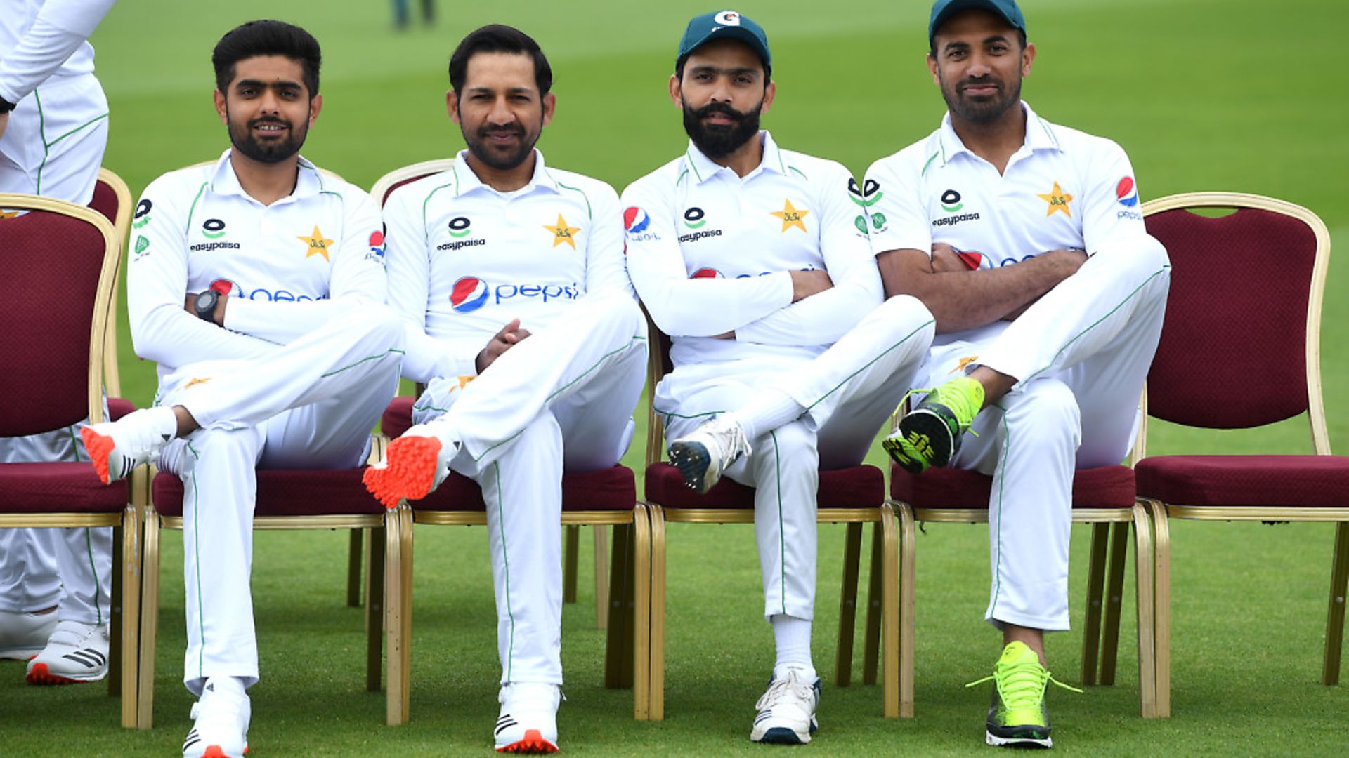 Babar Azam, Sarfaraz Ahmed, Fawad Alam and Wahab Riaz of Pakistan pose for a photo during a Pakistan Nets Session at Emirates Old Trafford on August 04, 2020 in Manchester. (Photo by Gareth Copley/Getty Images) - Credit: Getty Images