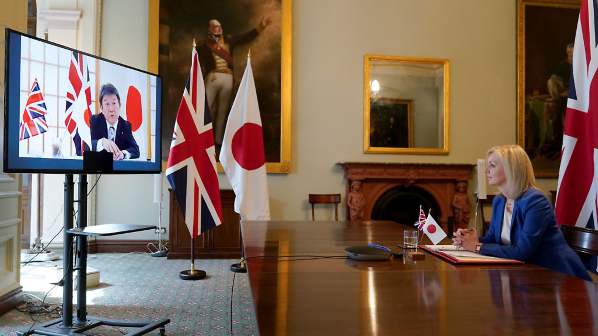 Liz Truss speaking to Japan's Minister for Foreign Affairs Toshimitsu Motegi at the Department for International Trade. Photograph: Andrew Parsons/Crown Copyright/No10 Downing Street/PA Wire

. - Credit: PA