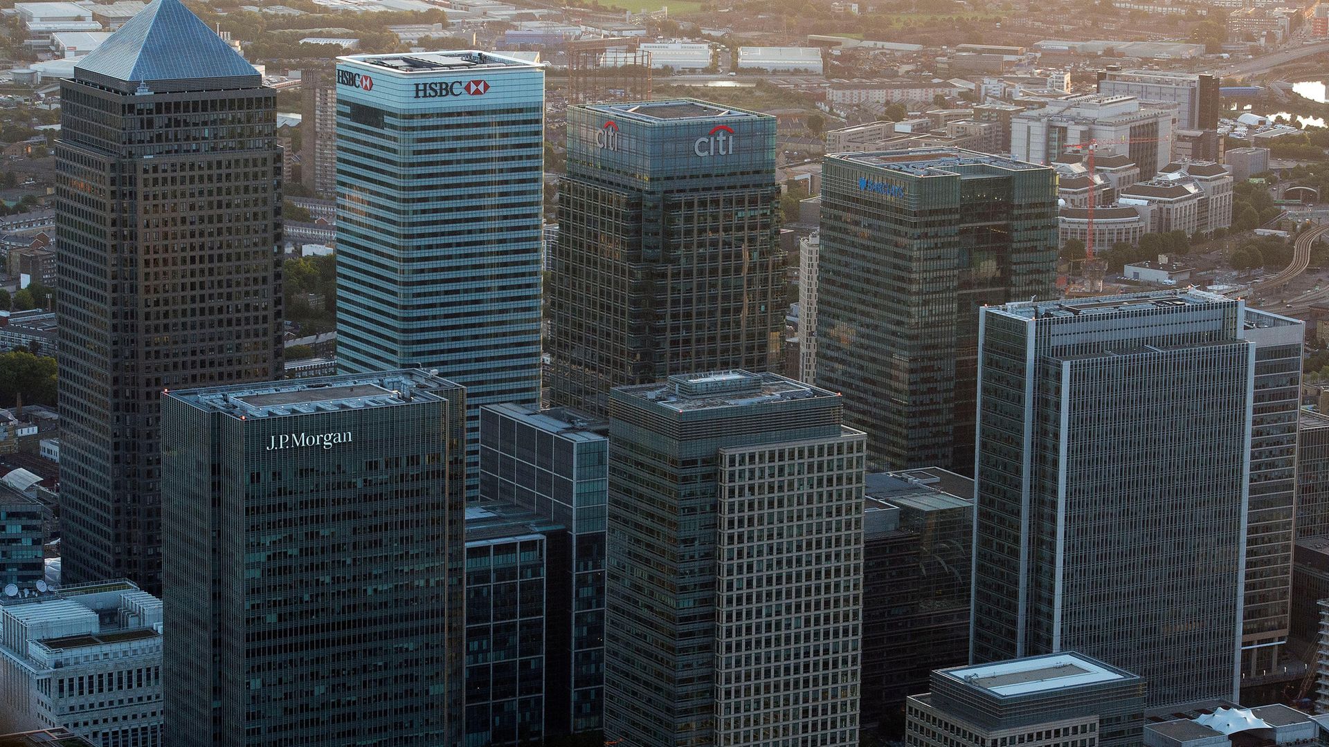 An aerial view of the offices of HSBC, Citi, JP Morgan and Barclays banks in Canary Wharf, east London. - Credit: PA