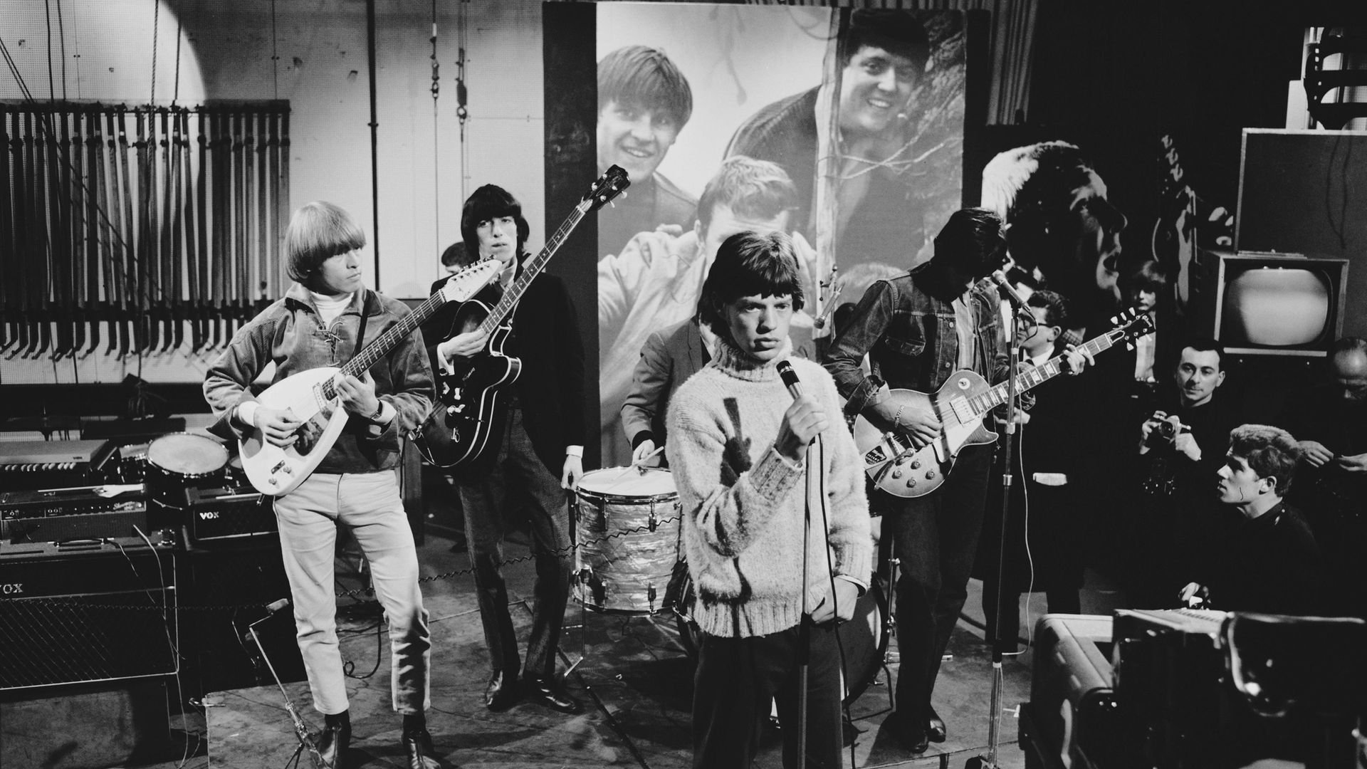 The Rolling Stones rehearsing for an appearance on Ready Steady Go! in 1965. Left to right: Brian Jones, Bill Wyman, Mick Jagger and Keith Richards - Credit: Getty Images
