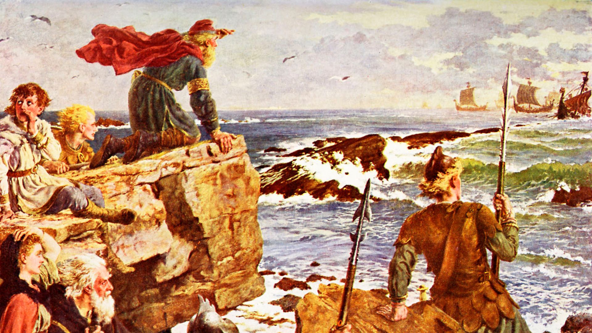 Vikings ahoy. Invading ships are spotted approaching the English coast. From a painting by Herbert A. Bone (late 19th/early 20th century) - Credit: Getty Images