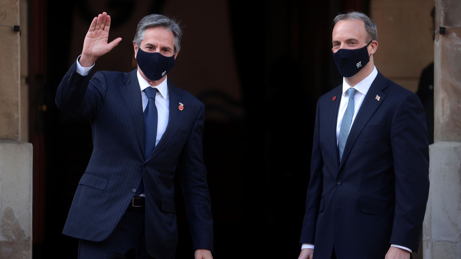 Foreign secretary Dominic Raab (right) welcomes US secretary of state, Antony Blinken (left), arriving at Lancaster House, London, during the G7 foreign and development ministers meeting - Credit: PA