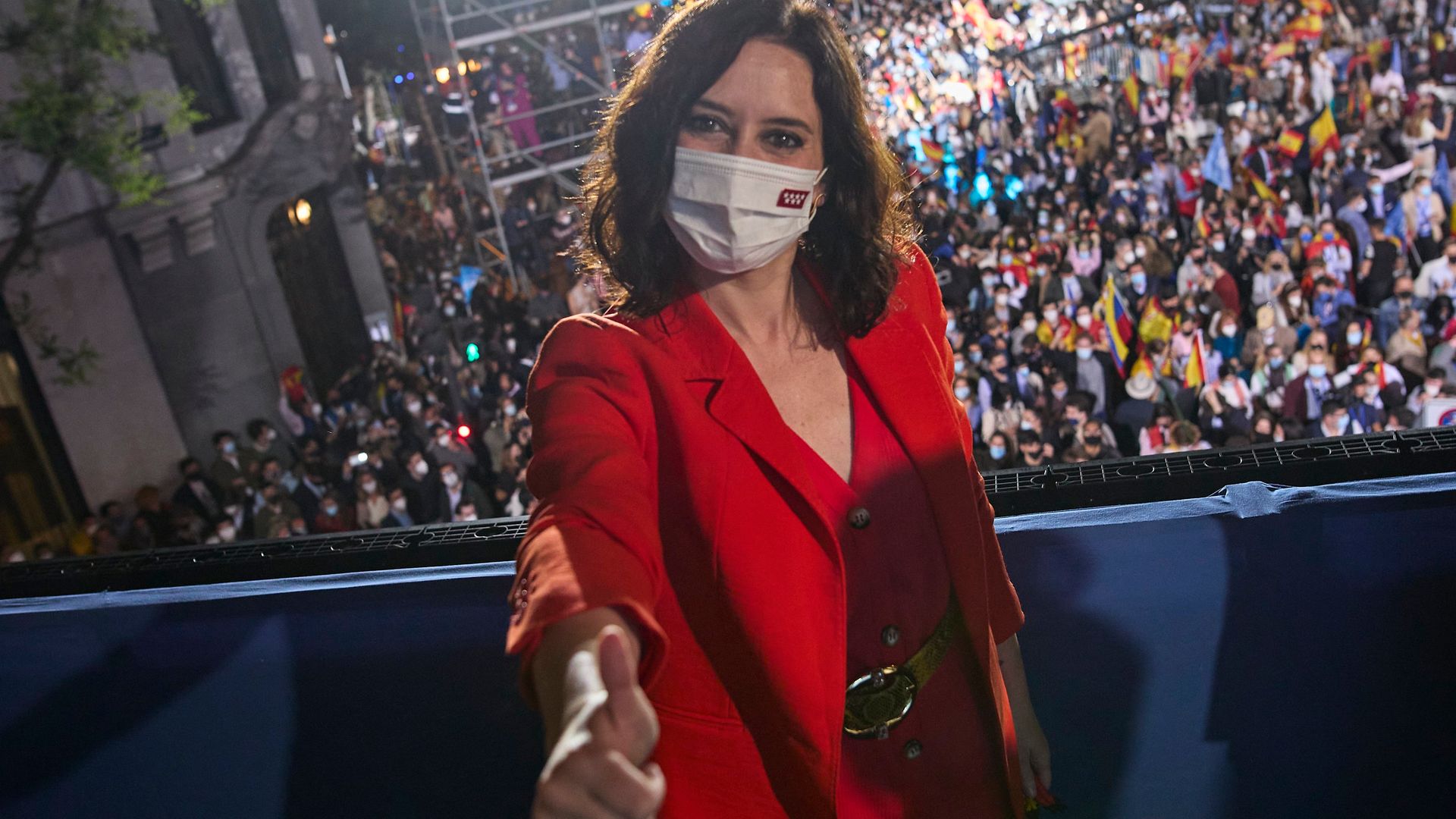 Isabel Diaz Ayuso on the balcony of her party headquarters on the night of the recent election - Credit: Europa Press via Getty Images