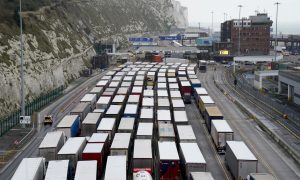 Lorries queue at the entrance to the Port of Dover, where delays are being caused to the transportation of goods across the channel after exports between Great Britain and the EU became subject to full customs controls on January 1. Photo: Gareth Fuller/PA Wire/PA Images.