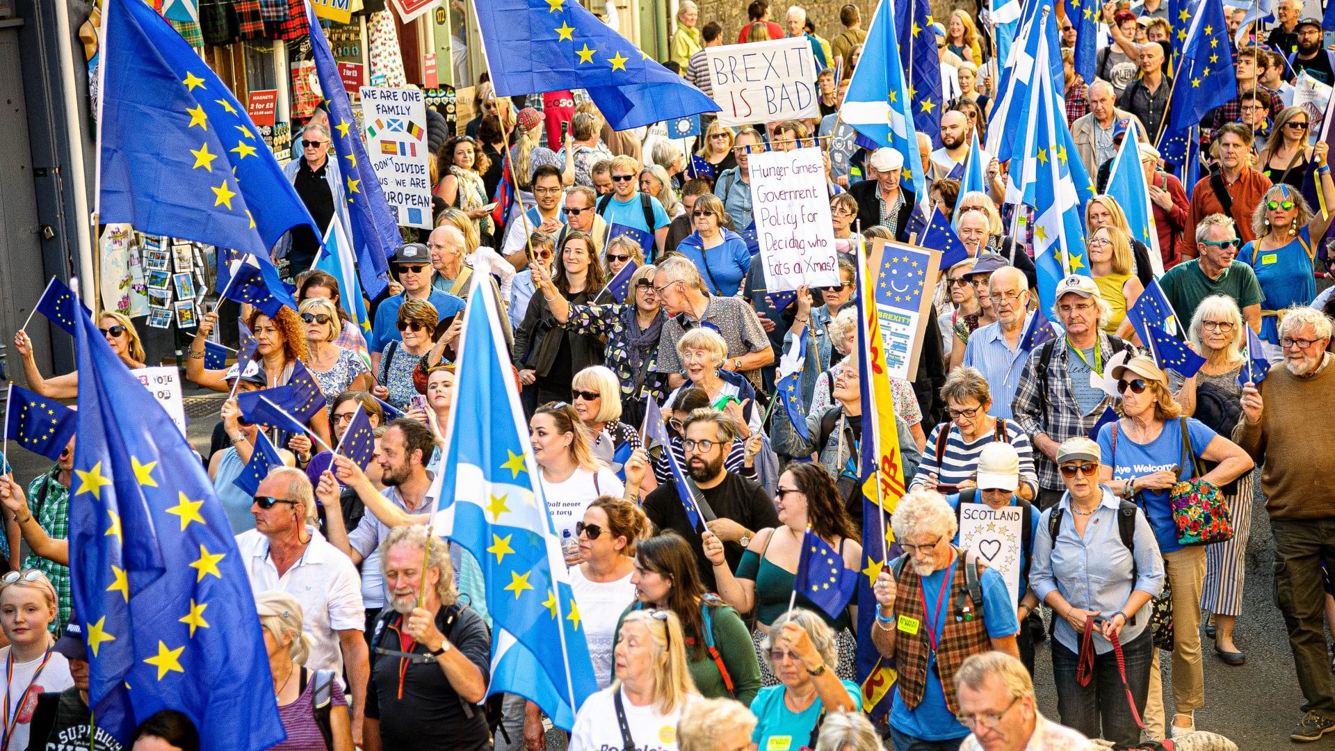 Protesters holding placards and flags during an anti-Brexit march in Edinburgh, September 2021 (Photo by Stewart Kirby/SOPA Images/LightRocket via Getty Images)