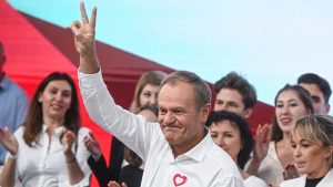 The leader of Civic Coalition (KO), Donald Tusk celebrates the exit poll results during Poland's Parliamentary elections. Photo: Omar Marques/Getty Images