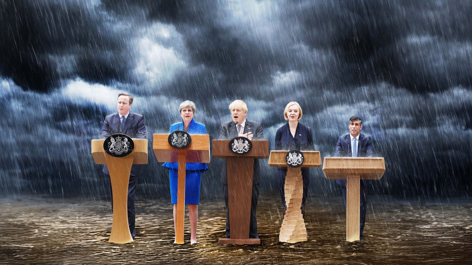 The Conservative Party has undergone drastic change over the past 14 years, going from the seemingly modern, centrist approach of David Cameron and Nick Clegg, to Theresa May’s attempts to run the country in the wake of the Brexit vote, and the ensuing disastrous tenures of Boris Johnson, Liz Truss and Rishi Sunak. Photos: Christopher Furlong/WPA Pool; Jeff J Mitchell; Kin Cheung/AFP/Getty