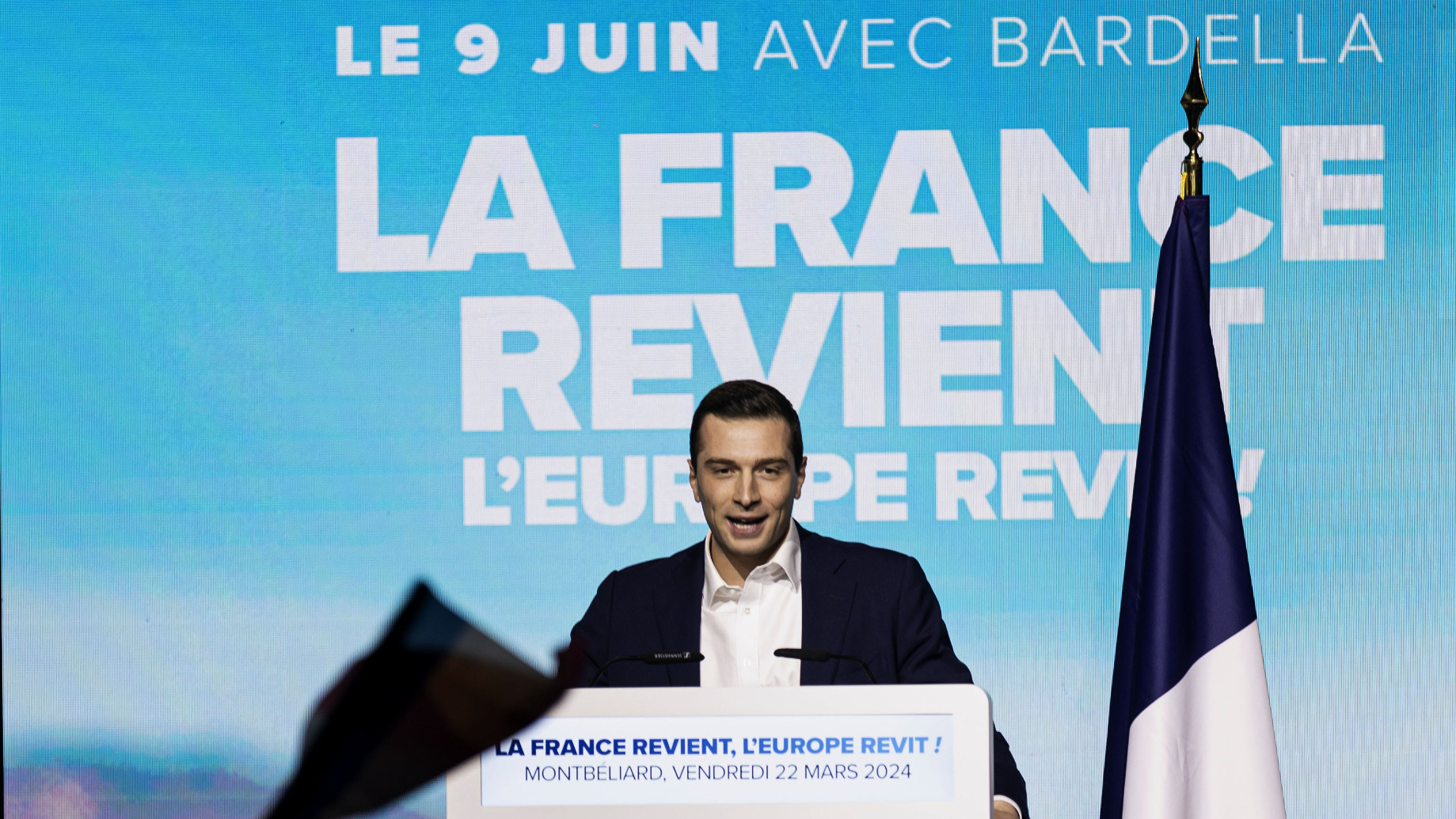 Rassemblement National president Jordan Bardella is the new face of the reshaped right in France, and the polls point to a landslide victory for his party in the European elections. Photo: Sathiri Kelpa/Anadolu/Getty