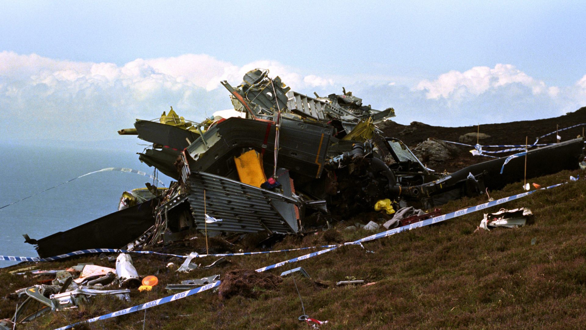 The wreckage of RAF Chinook ZD576, which crashed on the Mull of Kintyre on June 2, 1994. All 29 crew and passengers on board were killed. Photo: PA Images/Alamy