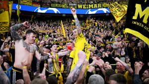 Marco Reus of Borussia Dortmund celebrates after his side beat Paris Saint-Germain in the Champions League semi-final. Photo: Matthias Hangst/Getty