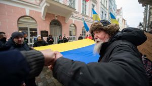 Demonstrators protest against Russia’s invasion of Ukraine on February 24, 2022 in front of the Russian Embassy in Tallinn, Estonia. Photo: Raigo Pajula/AFP/Getty