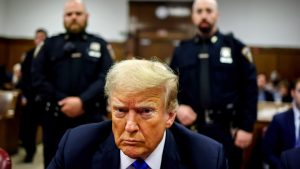 Former U.S. President Donald Trump sits at the defendant's table inside the courthouse. Photo: Justin Lane - Pool/Getty Images