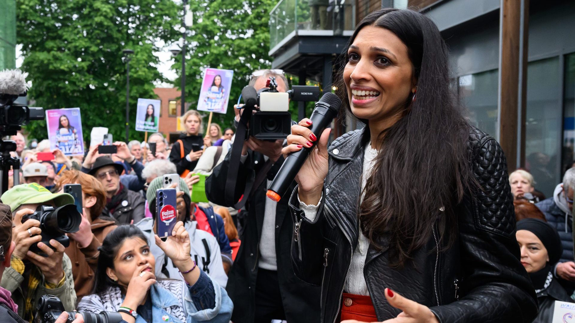 Faiza Shaheen speaks to supporters during a rally held on her behalf after being excluded from the Labour Party's list of candidates. Photo: Leon Neal/Getty Images