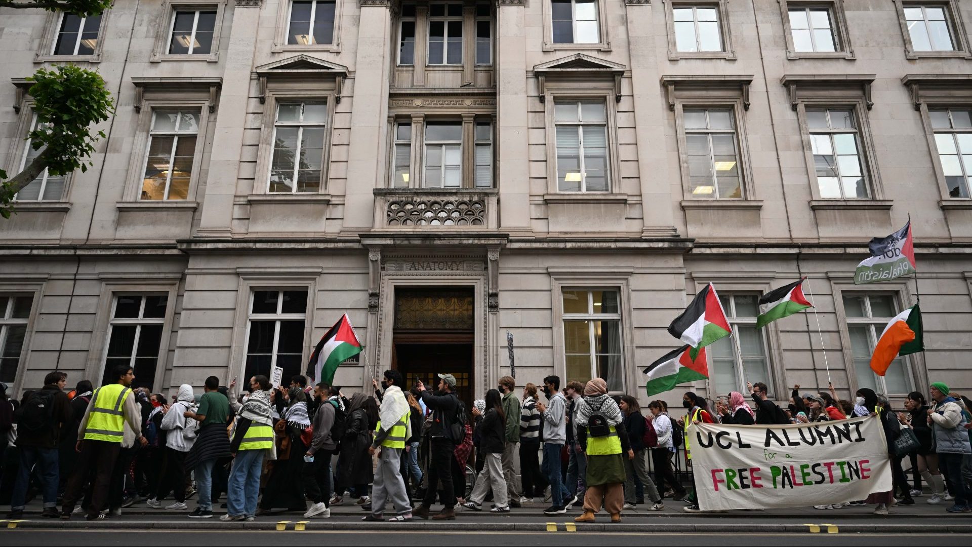  Students of the School of Oriental and African Studies stage a demonstration in support of students from University College London and SOAS who were suspended for participating in protests in support of Palestine (Photo by Rasid Necati Aslim/Anadolu via Getty Images)