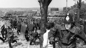 Police charge pickets outside the Orgreave coking plant in South Yorkshire, June 18, 1984. Photo: John VarCharlie Ley/Mirrorpix/Getty