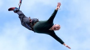 In one of his pre-election stunts, Lib Dem leader Ed Davey performs a bungee jump. Photo: Gareth Fuller/PA Wire/PA Images