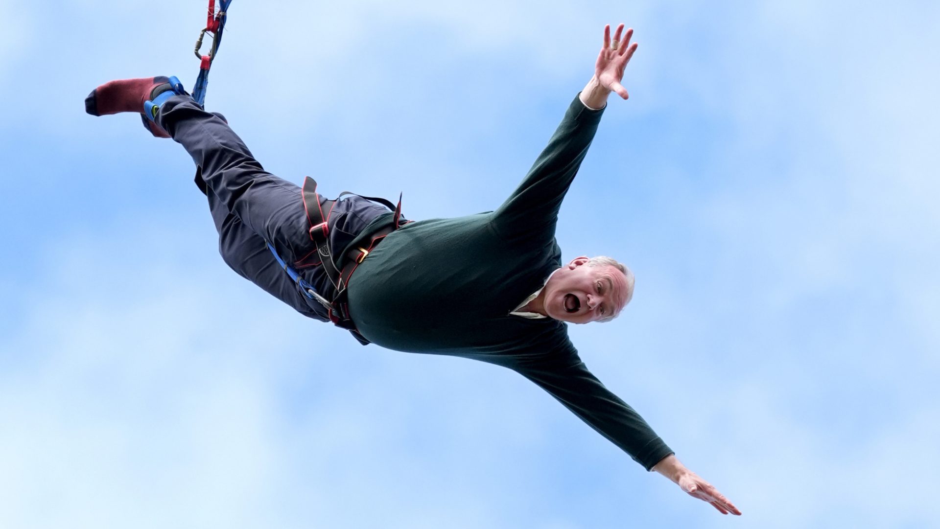In one of his pre-election stunts, Lib Dem leader Ed Davey performs a bungee jump. Photo: Gareth Fuller/PA Wire/PA Images