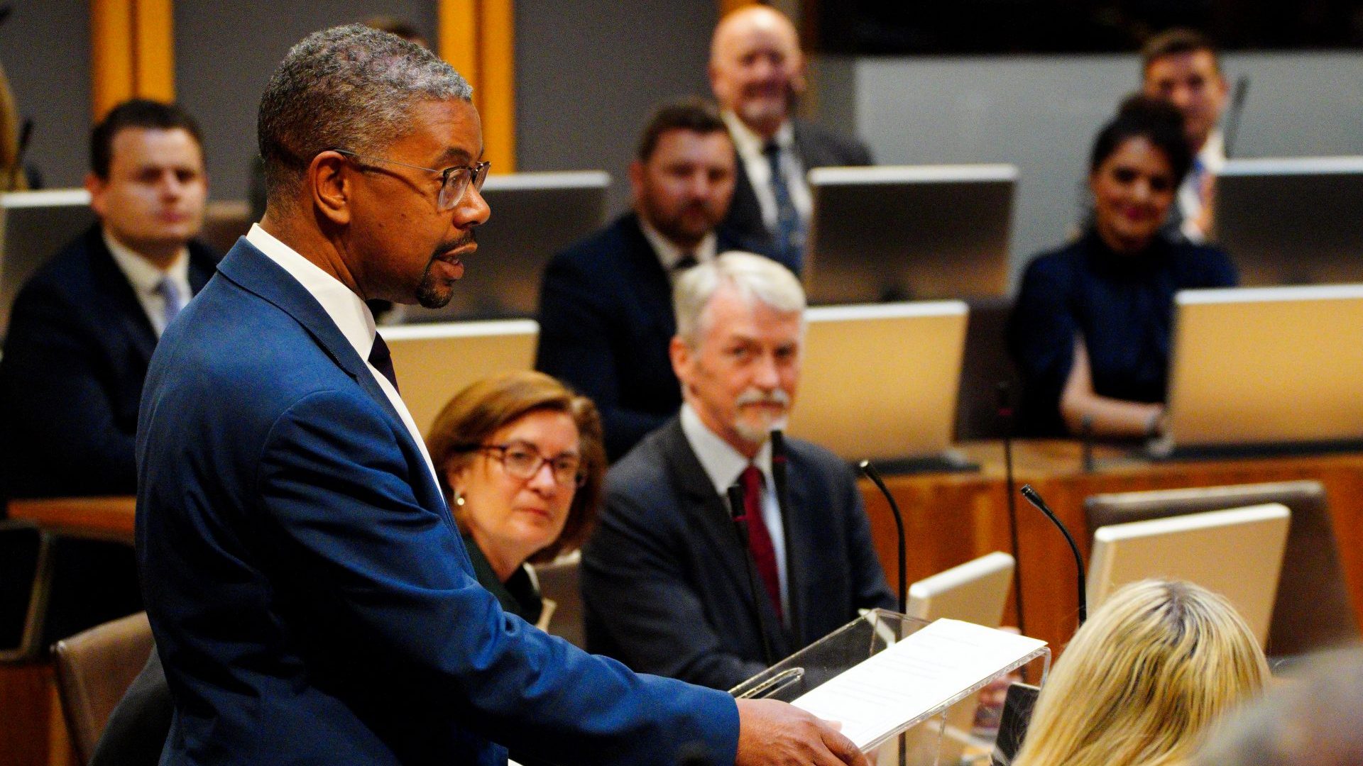 Vaughan Gething gives a speech during King Charles' and Queen Camilla's visit to the Senedd in Cardiff (Photo by Ben Birchall - WPA Pool/Getty Images)
