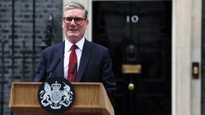 Keir Starmer addresses the nation outside 10 Downing Street after his general election victory. Photo: Henry Nicholls/AFP/Getty